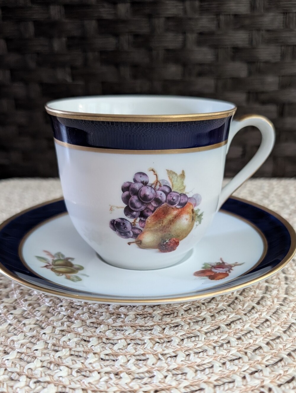 Schumann Arzberg Bavaria Cobalt Blue & Gold Fruit Porcelain Teacup & Saucer
